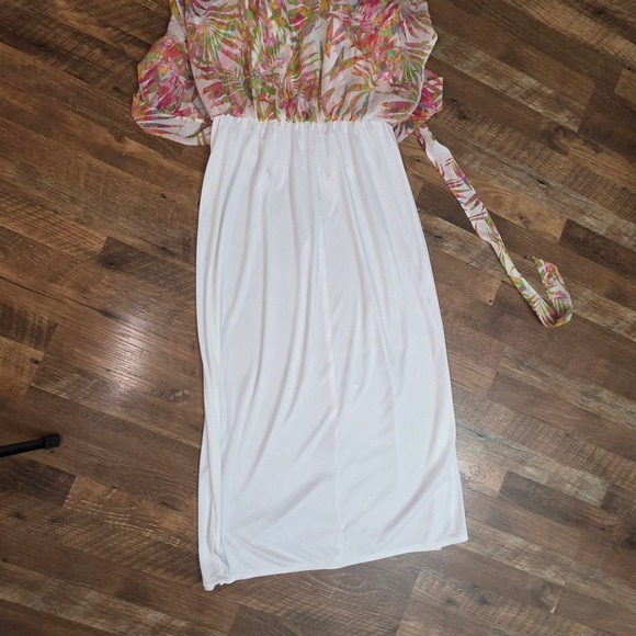 One Shoulder Maxi Dress M Tropical Summer Resortwear Belt Chiffon Wedding Guest - Picture 7 of 12